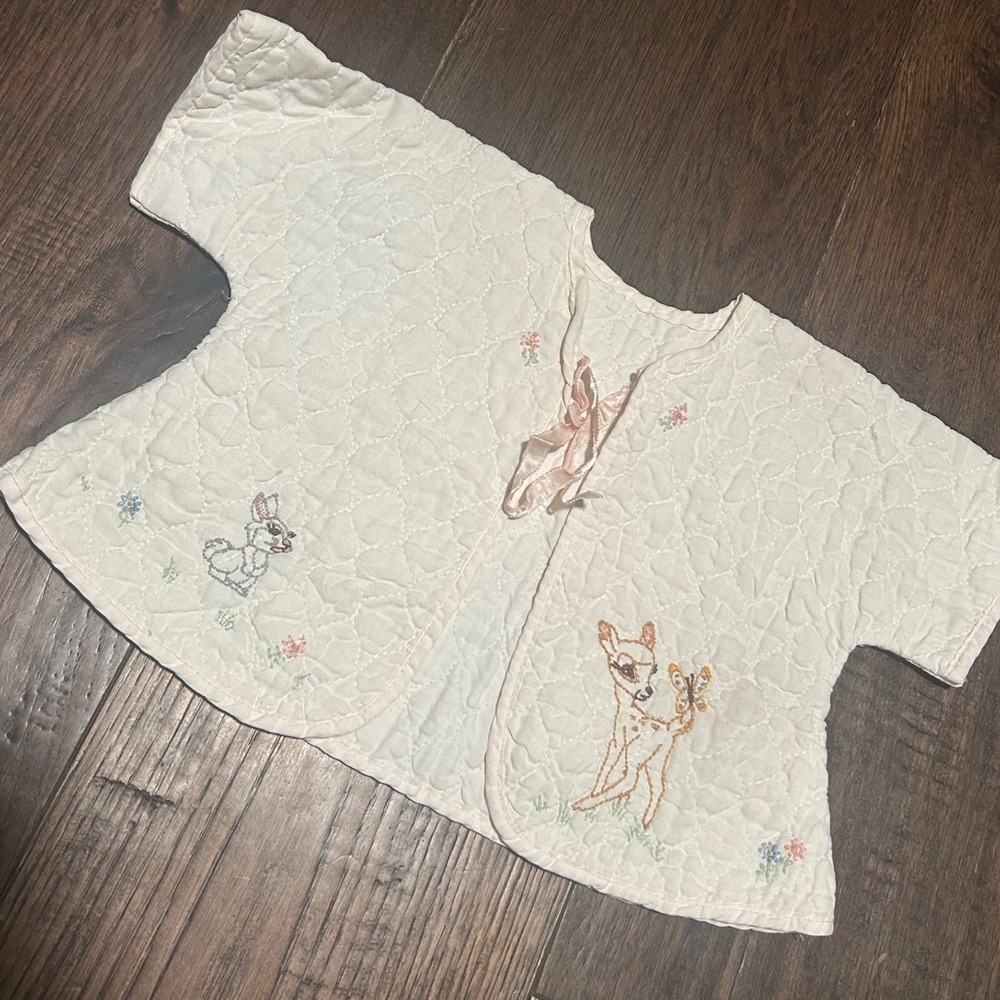 Vintage Baby Quilted Kimono Jacket Embroidered Disney Bambi Flowers Pink Trim